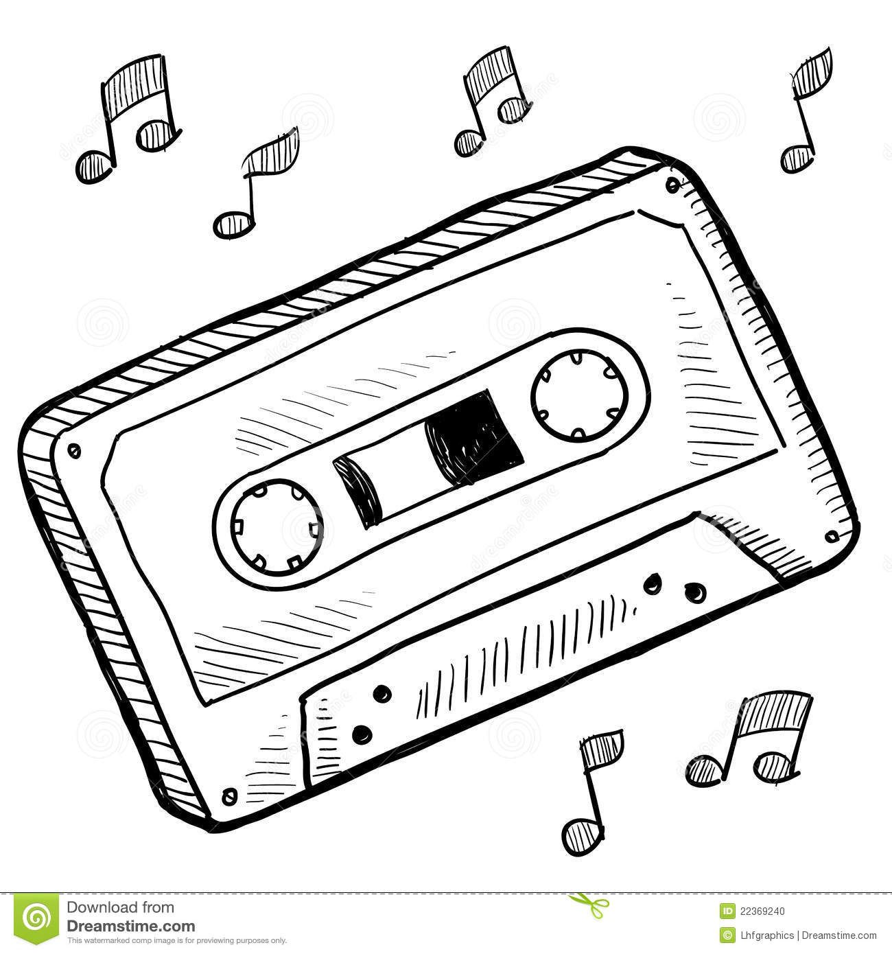 picture Cassette Tape Drawing old fashioned retro audio cassette from 90s sketch vector illustration