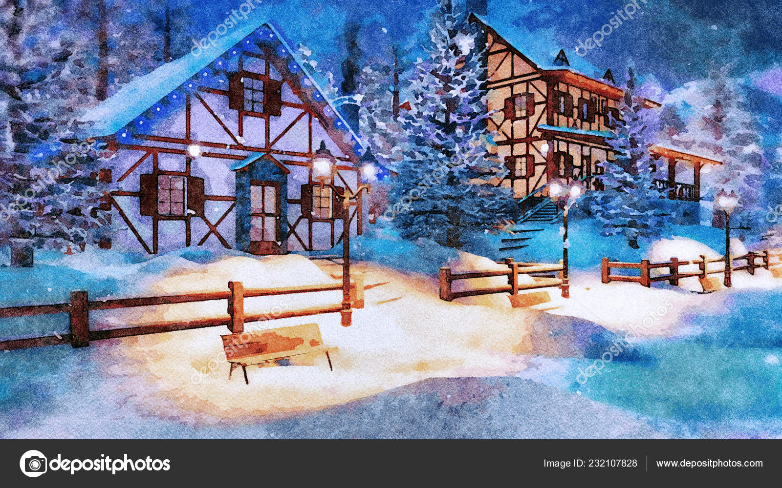 pics Christmas Village Watercolor Painting https www shutterstock com image illustration winter illustration houses on night sky 1203854173