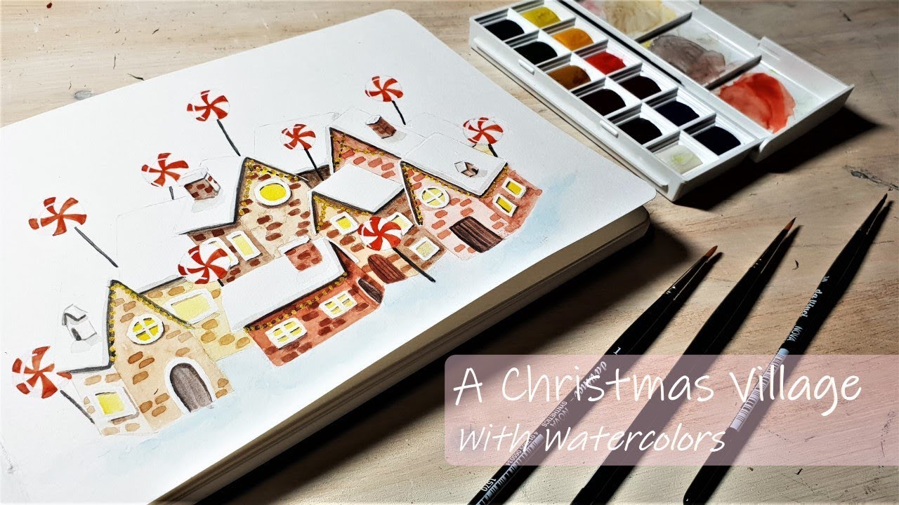 picture Christmas Village Watercolor Painting cozy snowbound alpine village high mountains half timbered rural houses stock photo image by c marsea 232107828