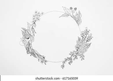 pics Circle Of Flowers Drawing https www shutterstock com image illustration floral round frame drawing leaves on 617165039